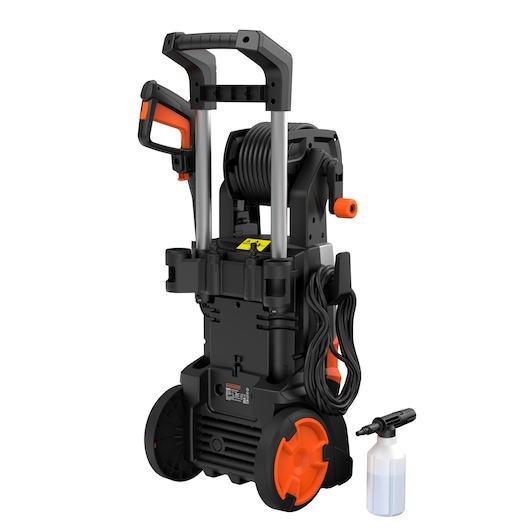 BLACKDECKER BEPWB2400 pressure washer with orange and black design, large wheels, hose reel, and detergent bottle, white background.