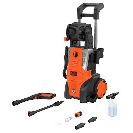 BLACKDECKER BEPWB2400 pressure washer with orange and black body, upright handle, wheels, and accessories set, front angle.