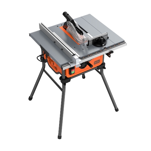 BLACKDECKER BES71800TSS table saw with metal stand, silver top and orange base, angled view.