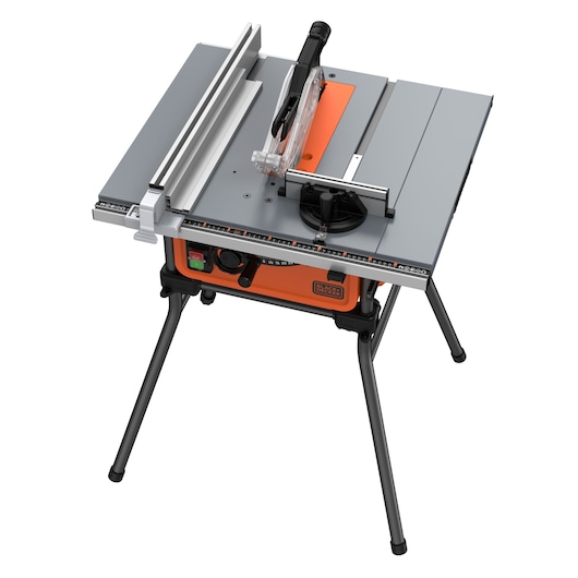 BLACKDECKER BES71800TSS table saw with silver tabletop, orange base, and black legs, angled view.