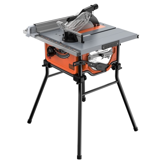 Photo of BLACKDECKER BES71800TSS table saw with orange base, silver tabletop, clear blade guard, and black foldable stand.