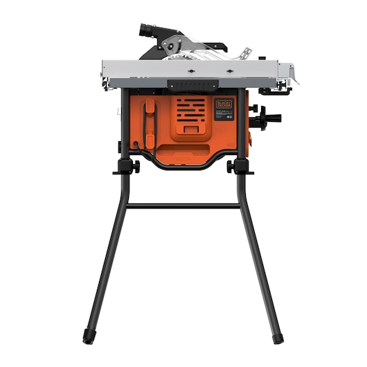 BLACKDECKER BES71800TSS table saw front view on black stand, orange motor housing, white background.