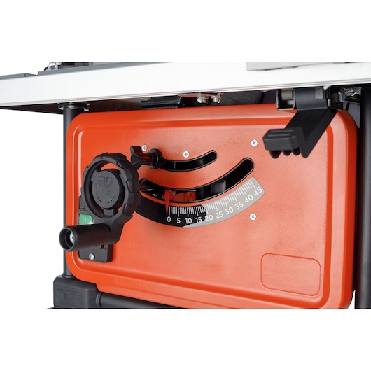 BLACKDECKER BES71800TSS table saw angle adjustment knob and scale, close-up, white background.