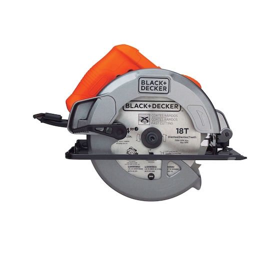 BLACKDECKER CS1004 circular saw with orange handle, side angle on white background, blade visible.