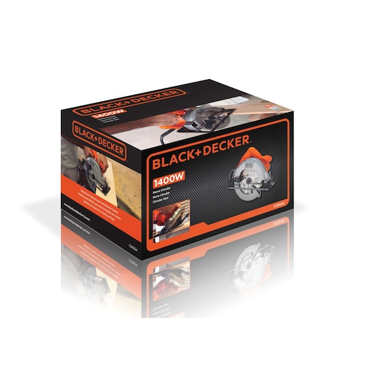Box packaging of a BLACK+DECKER CS1004 circular saw, featuring a 1400W power rating. The package displays the product image, brand logo, and action shots of the saw being used for woodworking.