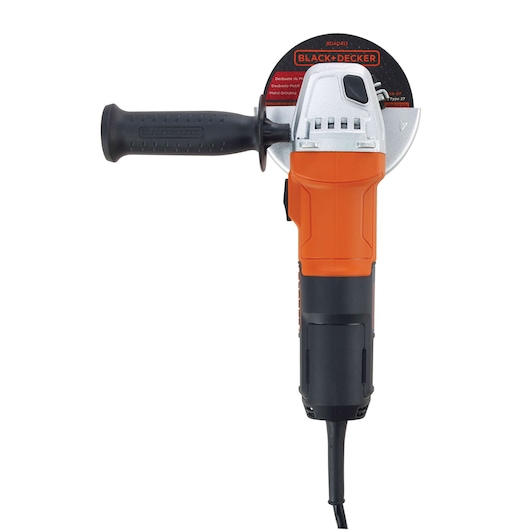 Photo of BLACKDECKER G650 angle grinder, orange and black body, front view on white background.