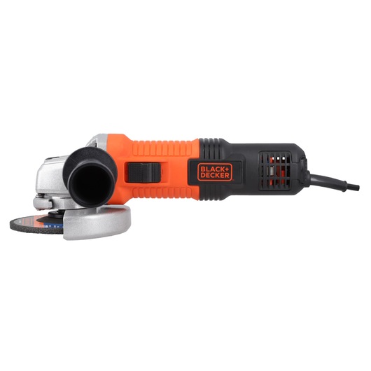 BLACKDECKER G720X angle grinder with orange and black body, side handle, and protective guard, side view on white.