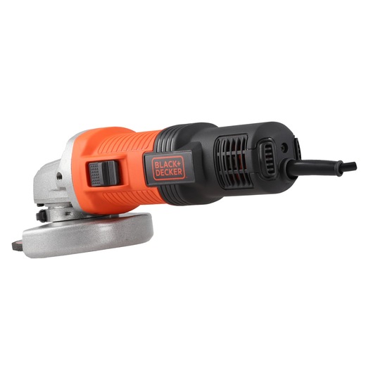 Photo of BLACK+DECKER G720X angle grinder, orange and black body, side view on white background.