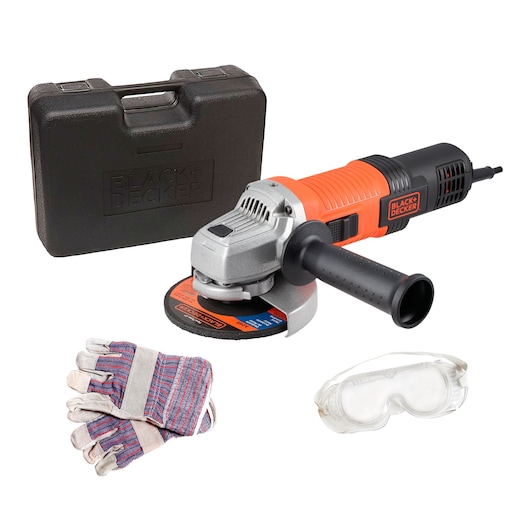 BLACKDECKER G720X angle grinder kit with case, safety gloves, and protective goggles, front view.