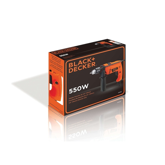 A product box for a BLACK+DECKER 550W hammer drill, showing an image of the orange and black power tool on the front. The box lists key features and specifications in both English and Spanish.