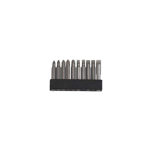 BLACKDECKER HD565K screwdriver bit set with ten assorted steel bits in a black holder, front angle on white.
