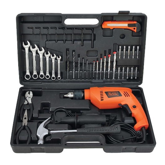 BLACK+DECKER HD565K tool kit set with orange electric drill, wrenches, pliers, bits and hammer in black case, top view.