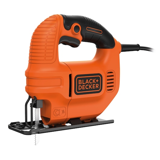 Photo of BLACK+DECKER KS501 orange and black jigsaw, side angle, with visible blade and power cord.