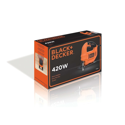 Box packaging of a BLACK+DECKER KS501 jig saw, showing the orange and black power tool prominently on the front. The box displays specifications including 420W power and mentions the tool category in English and Spanish.