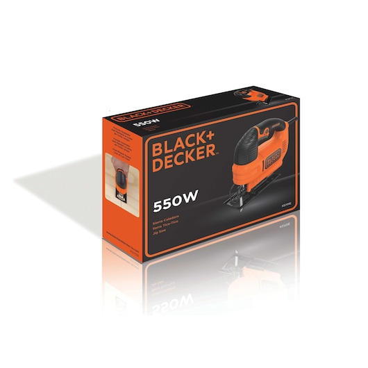 Box packaging for a BLACK+DECKER 550W jigsaw, model KS701E. The box is black and orange with an image of the jigsaw tool and product details.