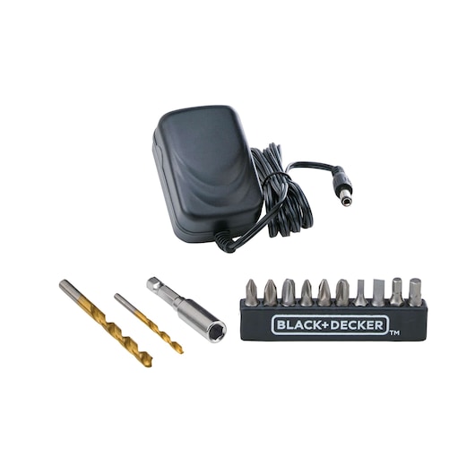 BLACKDECKER LD12SP drill bit and driver set with charger on white background, front angle.