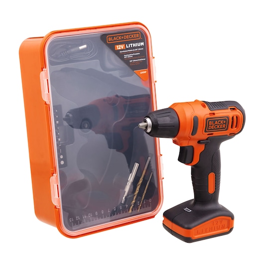 BLACK+DECKER LD12SP cordless drill with black and orange body, shown with orange accessory case and metal drill bits, front angle.