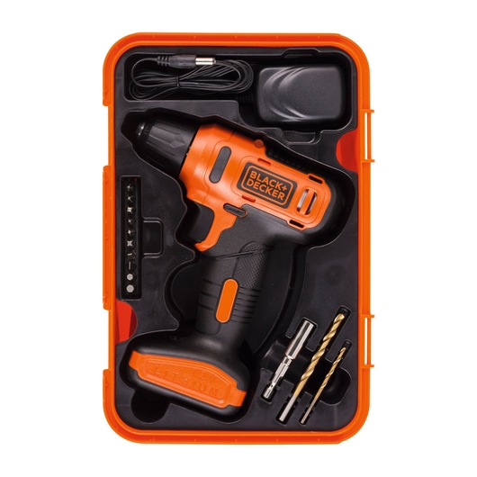 BLACKDECKER cordless drill LD12SP kit with drill bits, charger, screwdriver bits, and orange carrying case, top view.