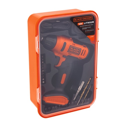 BLACK+DECKER LD12SP cordless drill kit in orange case, includes drill, bits, charger, and accessories, angled view.