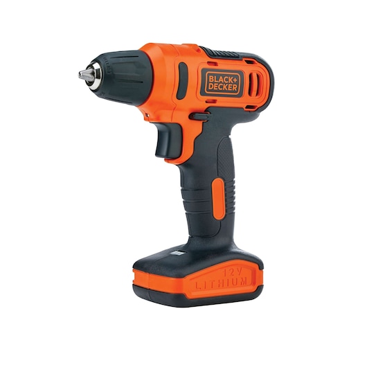 Photo of BLACK+DECKER LD12 cordless drill, orange and black, side angle, with 12V lithium battery.