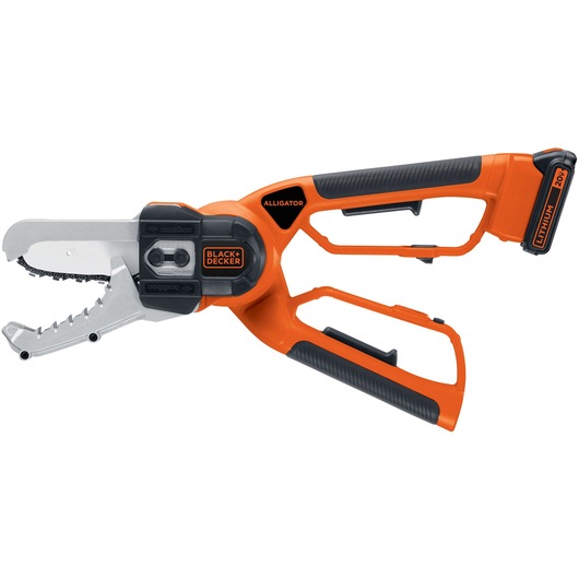 BLACKDECKER LLP120 cordless orange alligator lopper with black grips, side angle on white background.