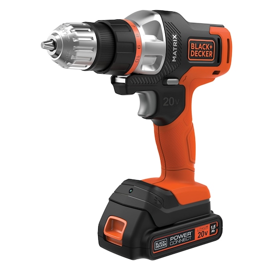 BLACK+DECKER MTX20K6A cordless drill 20V with orange and black design, front right angle, on white background.