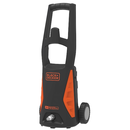 Photo of BLACK+DECKER PW1370TDL black and orange pressure washer, upright with handle and wheels, front angle.