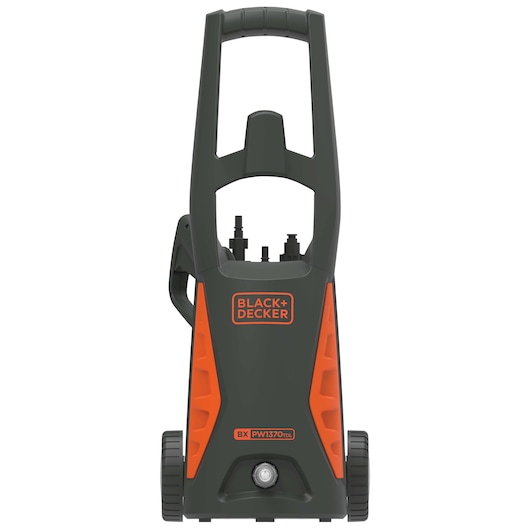 BLACKDECKER PW1370TDL pressure washer front view, black and orange, wheeled design.