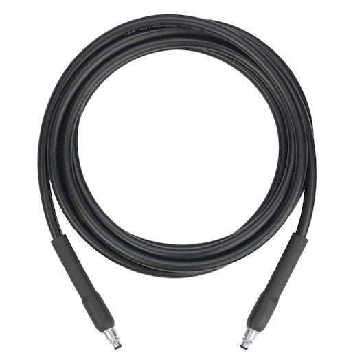 BLACKDECKER PW1370TDL black pressure washer hose, photography, front view on white background.