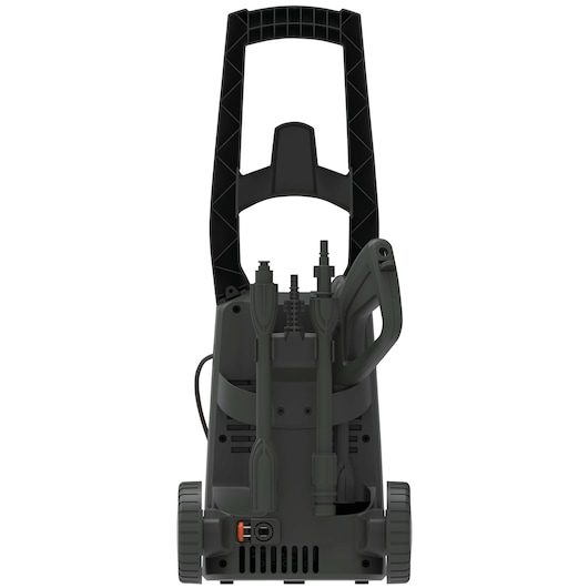 BLACKDECKER PW1370TDL pressure washer rear view, gray plastic body with accessory holders and wheels.
