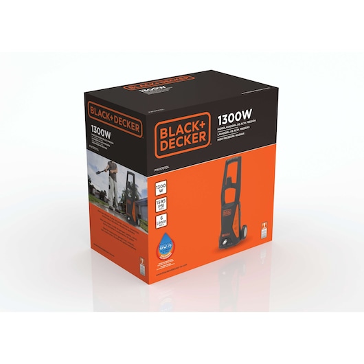 Product packaging for BLACK+DECKER high pressure washer model PW1370TDL, featuring 1300W power. The box displays images of the washer and usage information.