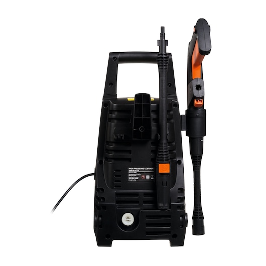 BLACKDECKER PW1450TD pressure washer, black and orange, front angle on white background.
