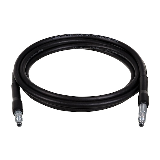 Photo of BLACKDECKER PW1450TD high-pressure washer hose, black with metal connectors, coiled, front view.