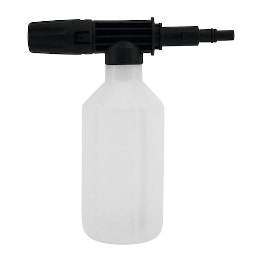BLACKDECKER PW1450TD pressure washer foam bottle accessory, white bottle with black connector, front angle