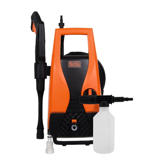 Photo of BLACKDECKER PW1450TD orange and black pressure washer with spray gun and detergent bottle, front angle.