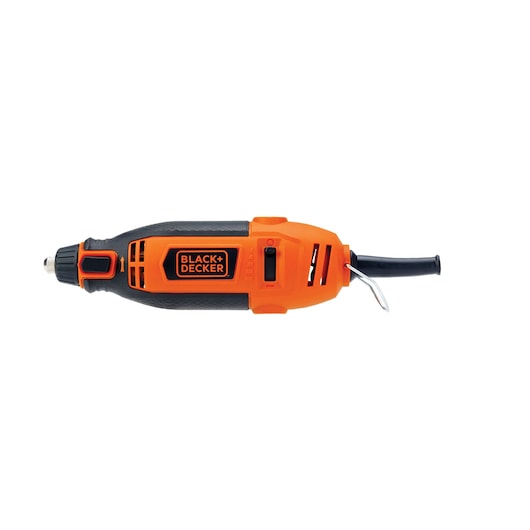 Photo of BLACKDECKER RT18KA rotary tool, orange and black handheld design, side angle on white background.