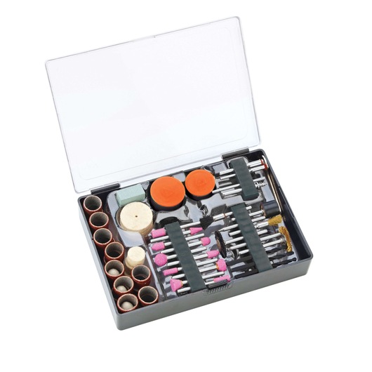 BLACKDECKER RT18KA rotary tool accessory kit with assorted attachments, top view, white background.