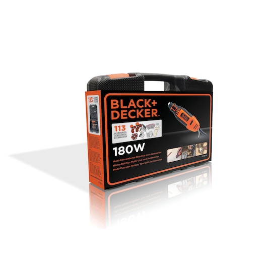 BLACK+DECKER multi-purpose rotary tool kit with 180W power, shown in a black and orange carrying case. The packaging highlights 113 included accessories and shows images of the rotary tool and accessories.
