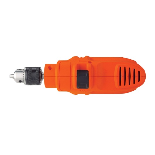 BLACKDECKER TP555 orange electric drill side view with black vents and metal chuck on white background.