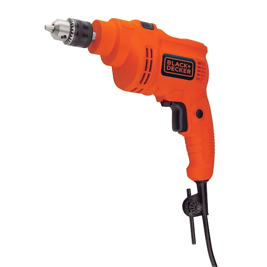 BLACKDECKER TP555 orange corded power drill, side view, with key chuck and ergonomic grip.