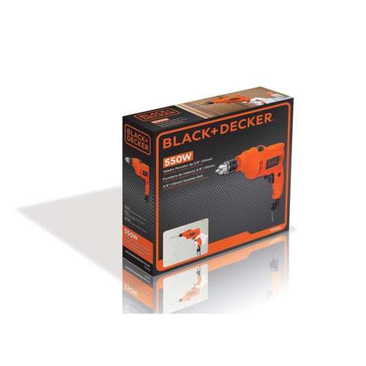 Box of BLACK+DECKER hammer drill model TP555, 550W, orange color, suitable for 3/8’’ (10mm) drilling, with product image and technical details printed on the packaging.
