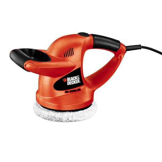 BLACK+DECKER WP900 orange electric polisher with dual handles and white polishing pad, side angle, white background.
